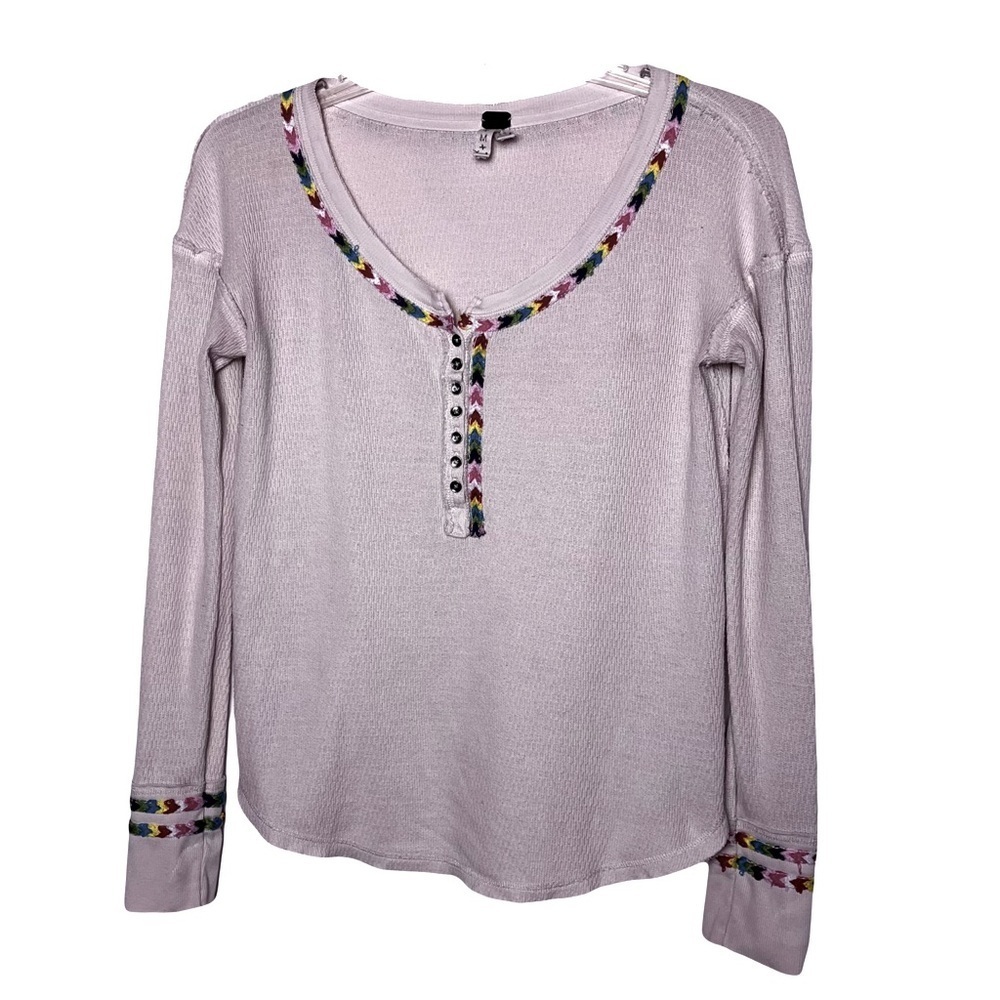 Free People We The Free | Ivory Thermal Knit Embroidered Henley Shirt, Medium